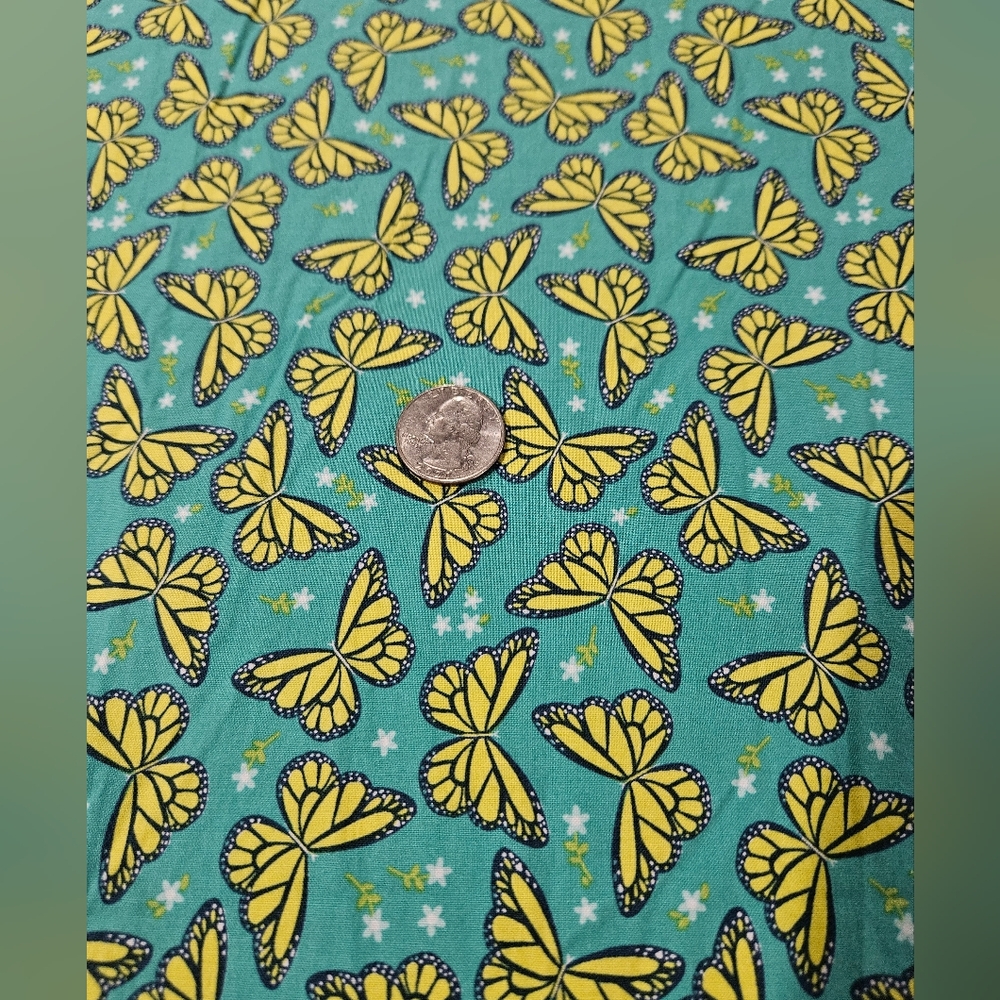 Yellow Butterfly Cotton Print on Teal Background By The Yard - Picture 2 of 3